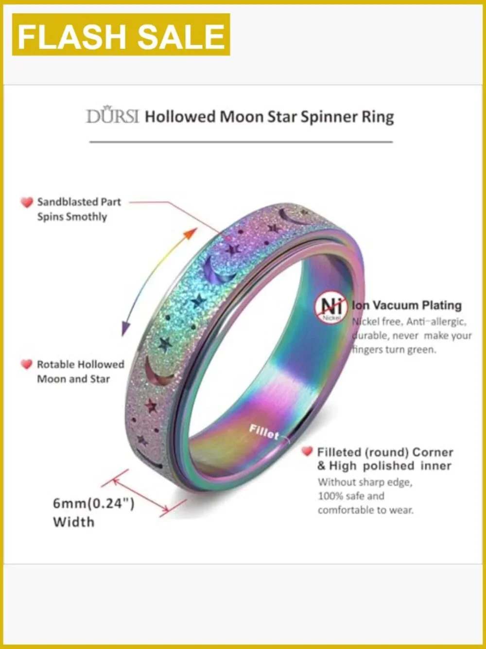 Moon and Star Spinner Fidget Ring Stainless Steel Rotating Anxiety Ring Band